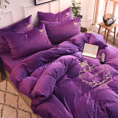 2020新款-水晶绒四件套欧式宝宝绒套件加厚法莱绒牛奶绒绣花套件 床单款四件套1.8m（6英尺）床 皇家花园-紫色