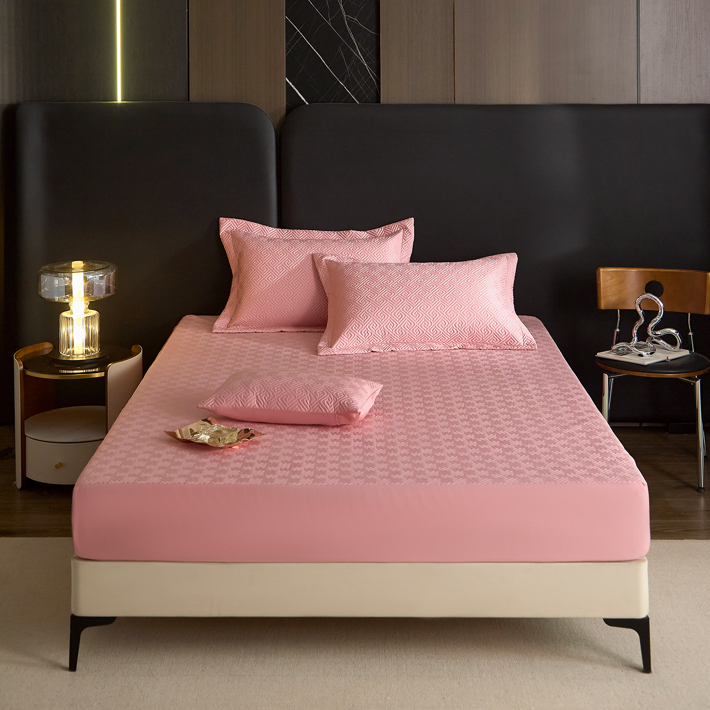 2026新款A类全棉夹棉床笠四件套 粉豆沙