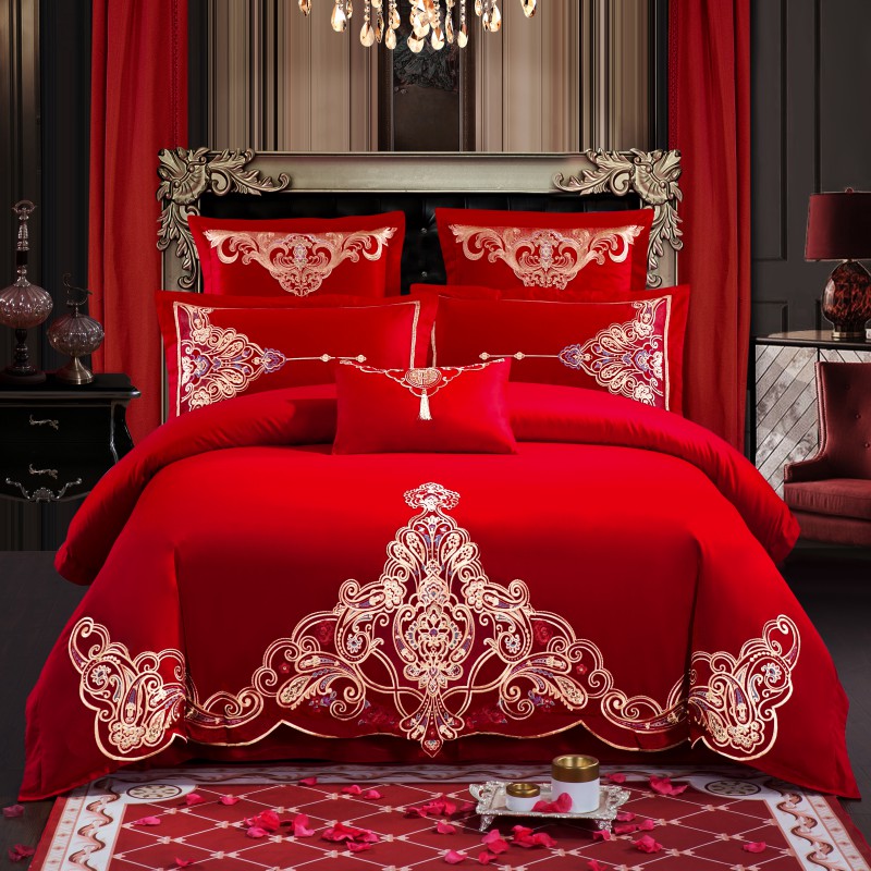 全棉刺绣婚庆四件套、多件套 标准床单四件套（1.5m-1.8m床） 醉意红颜