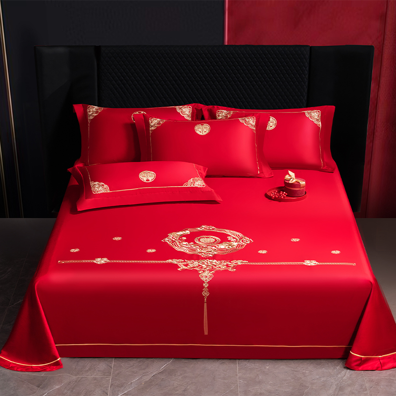 2025新款长绒棉绣花床单婚庆三件套 佳偶天成