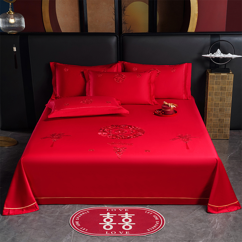 2025新款长绒棉绣花床单婚庆三件套 钟爱一生 本色