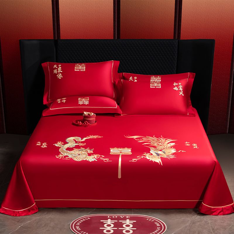 2025新款长绒棉绣花床单婚庆三件套 龙飞凤舞