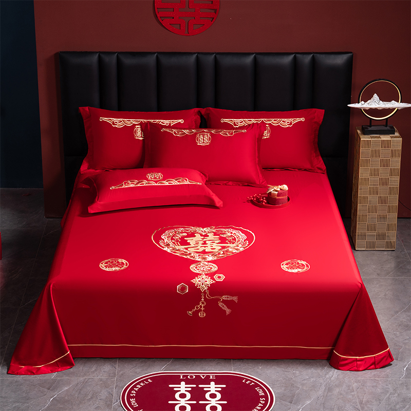 2025新款长绒棉绣花床单婚庆三件套 爱情永固
