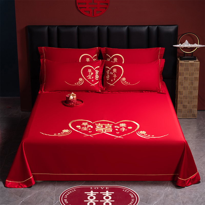 2025新款长绒棉绣花床单婚庆三件套 白首之约