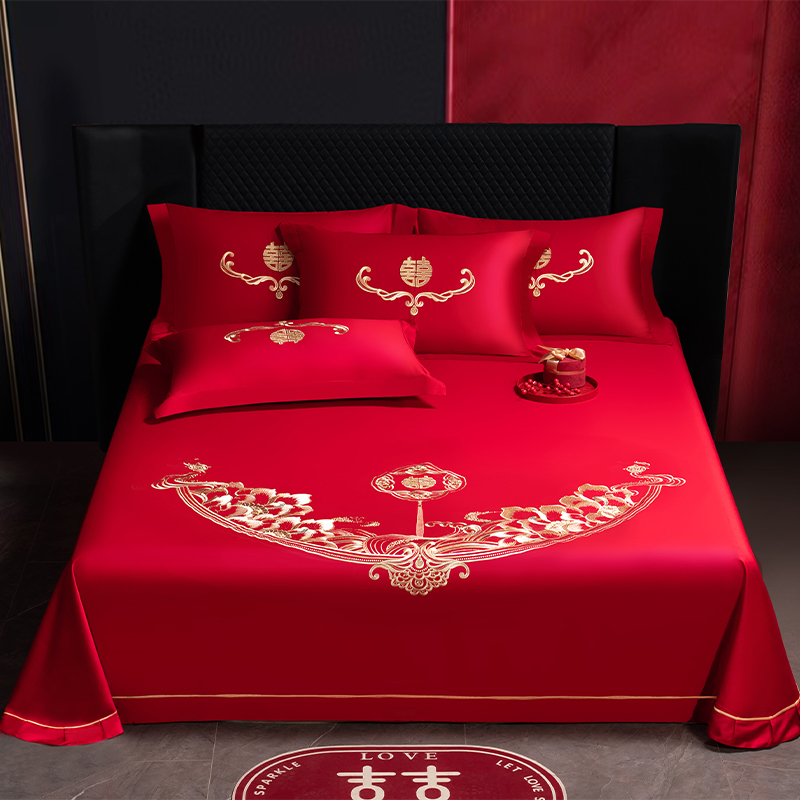 2025新款长绒棉绣花床单婚庆三件套 江山如画