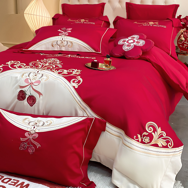 2025新款双面长绒棉轻奢工艺款刺绣婚庆套件 甜心公主