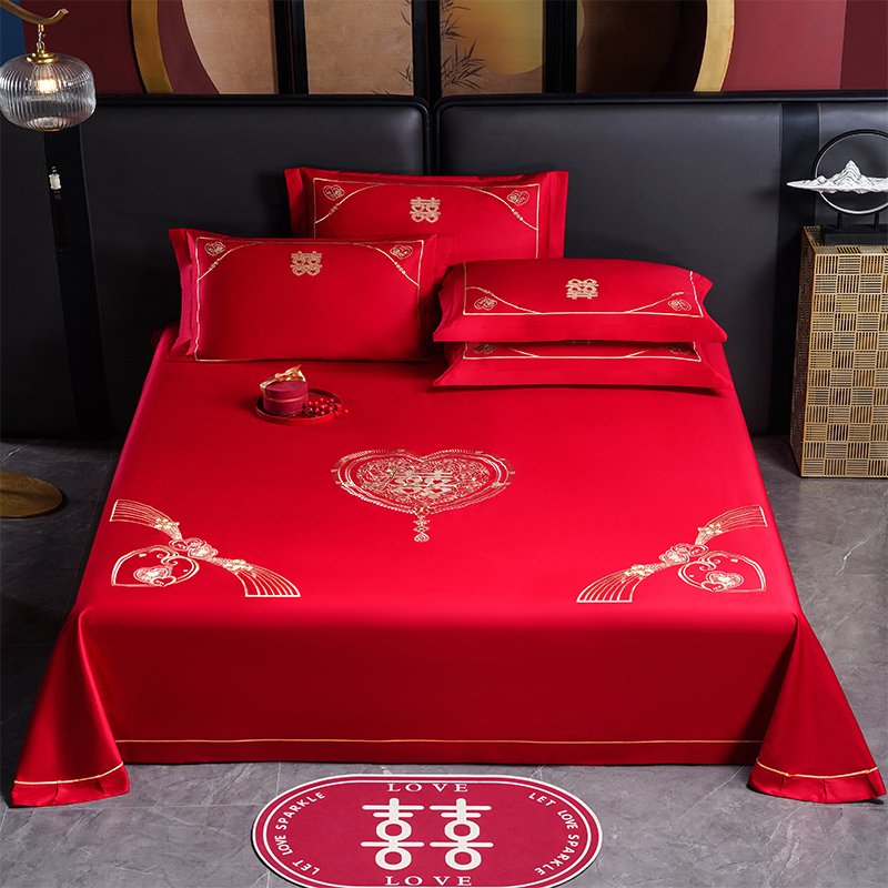 2025新款长绒棉绣花床单婚庆三件套 花开并蒂