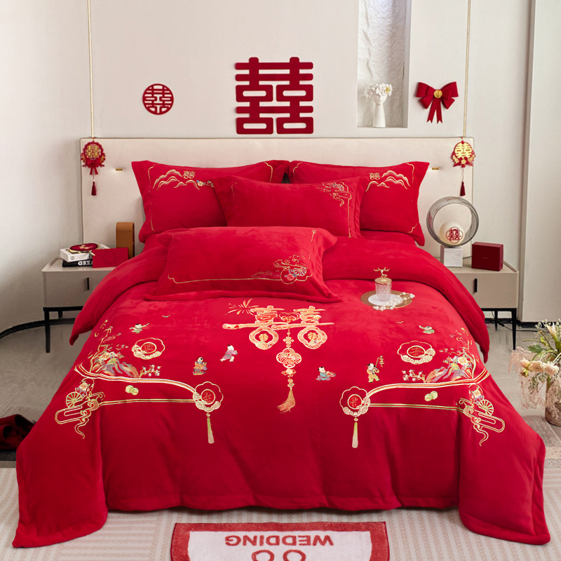 2025新款加厚高克重全消光牛奶绒刺绣婚庆四件套 早生贵子（绒）