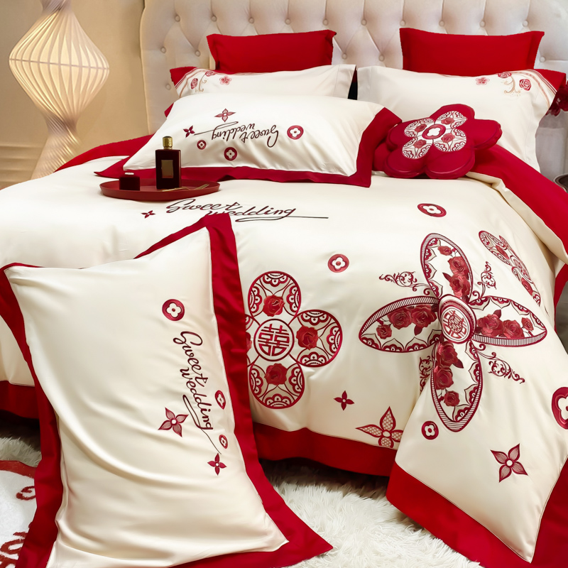 2025新款双面长绒棉轻奢工艺款刺绣婚庆套件 禧爱