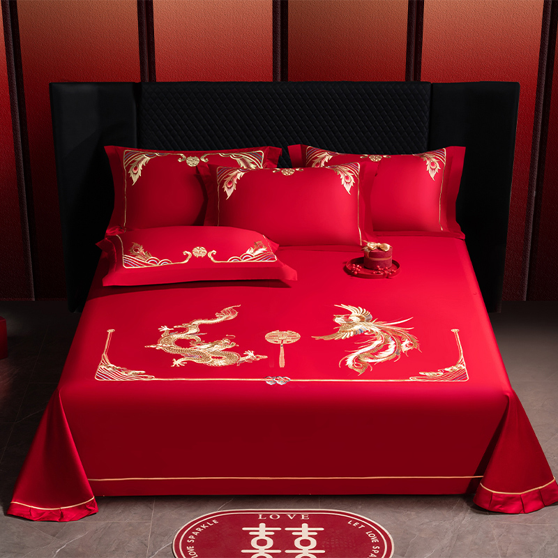 2025新款长绒棉绣花床单婚庆三件套 龙跃凤鸣
