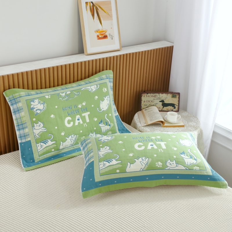 2024新款拼接休闲超厚系列枕巾 52*78cm/对 欢乐猫-绿格