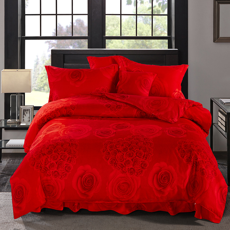 2021新款--加厚磨毛件套小版花床裙款四件套 1.8m床裙款 浓情玫瑰-红