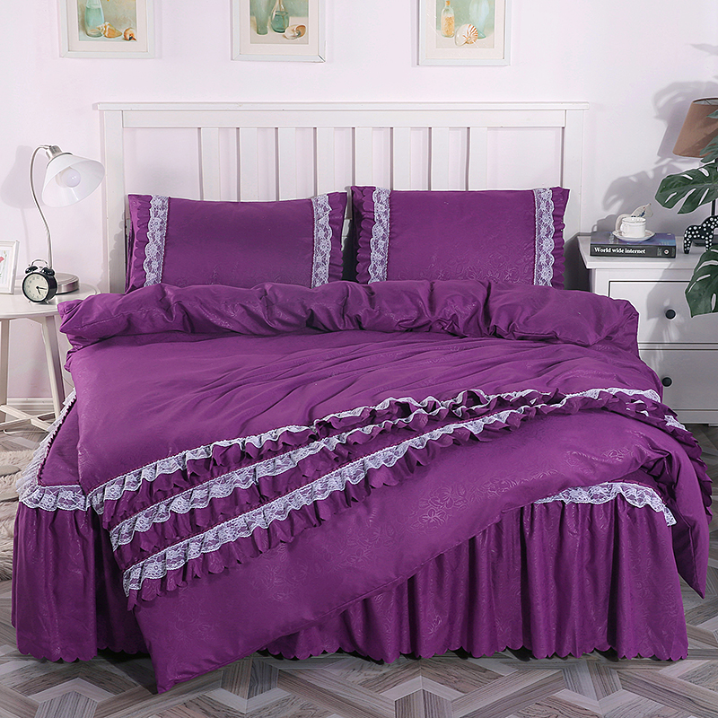 2021新款水洗棉四件套系列-蕾丝 1.8m*2.2m床裙款四件套 深情紫