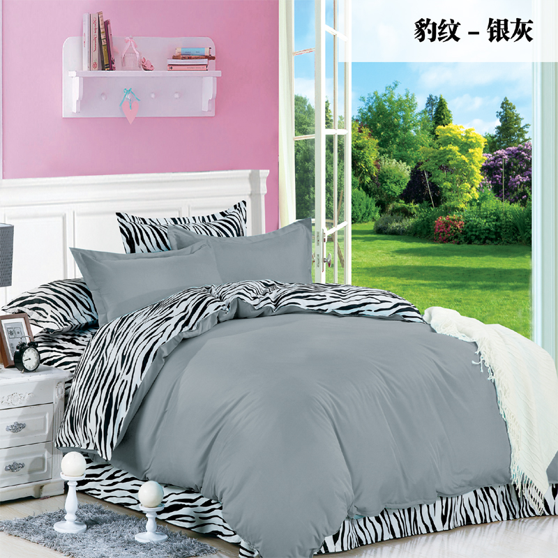 纯色双拼四件套 1.0m（3.3英尺）床 豹纹-银灰