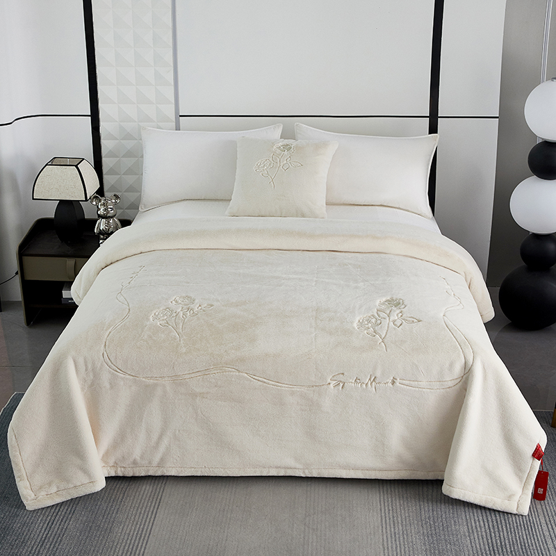 2024新款立体绣花毛毯家用毯子-法式玫瑰 200cmx230cm毛毯 白色