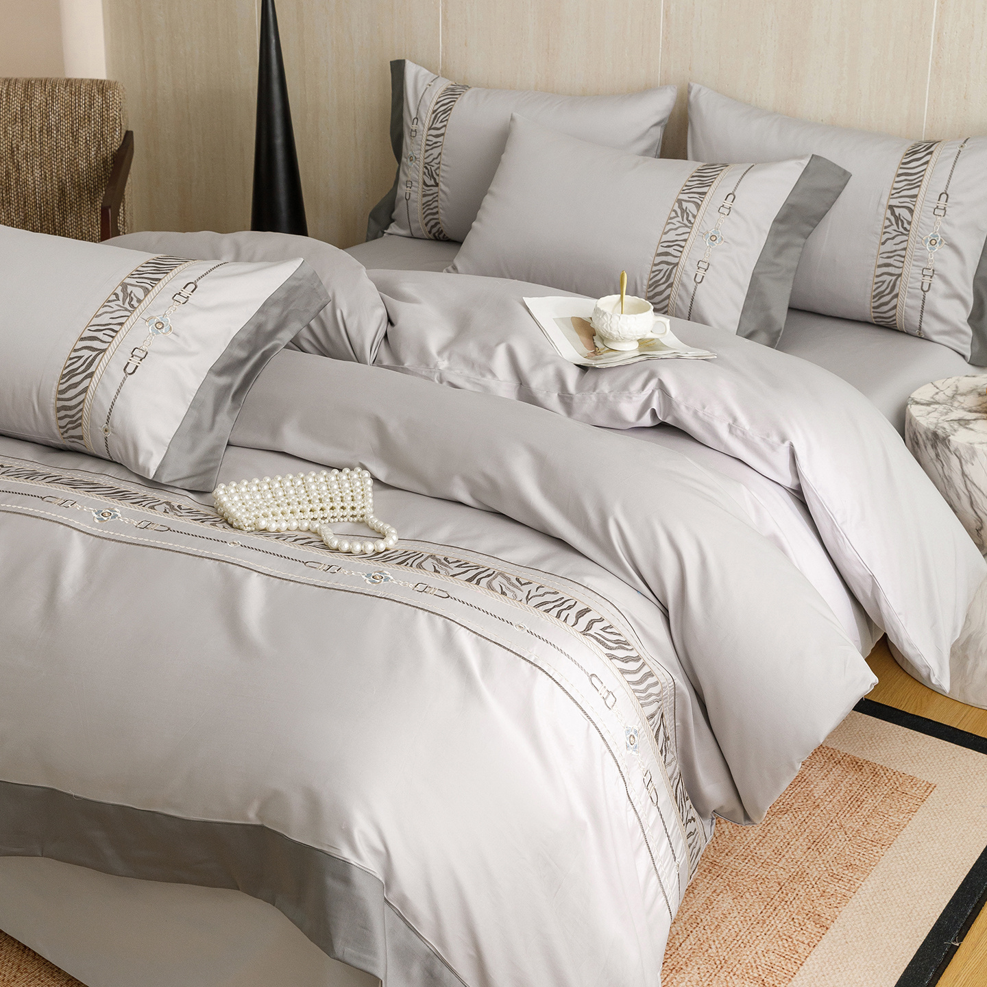 2026新款长绒棉高支高密纯棉重工刺绣宽边四季款四件套-奢意 奢意-紫灰