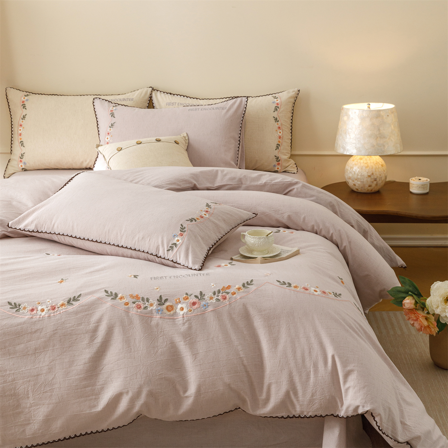 2026新款棉麻加厚刺绣花边款四件套-花屿熙 花屿熙-浅紫