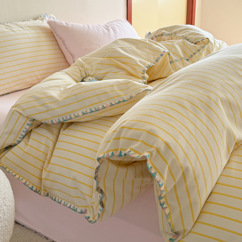 2025新款七彩贝壳全棉加厚超柔纯棉磨毛全棉四件套 幻珊-黄粉中条