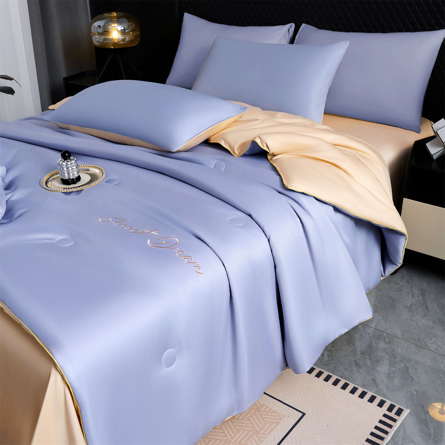 2026新款凉感水洗冰丝刺绣夏被-夕颜系列 夕颜-芋紫+卡其