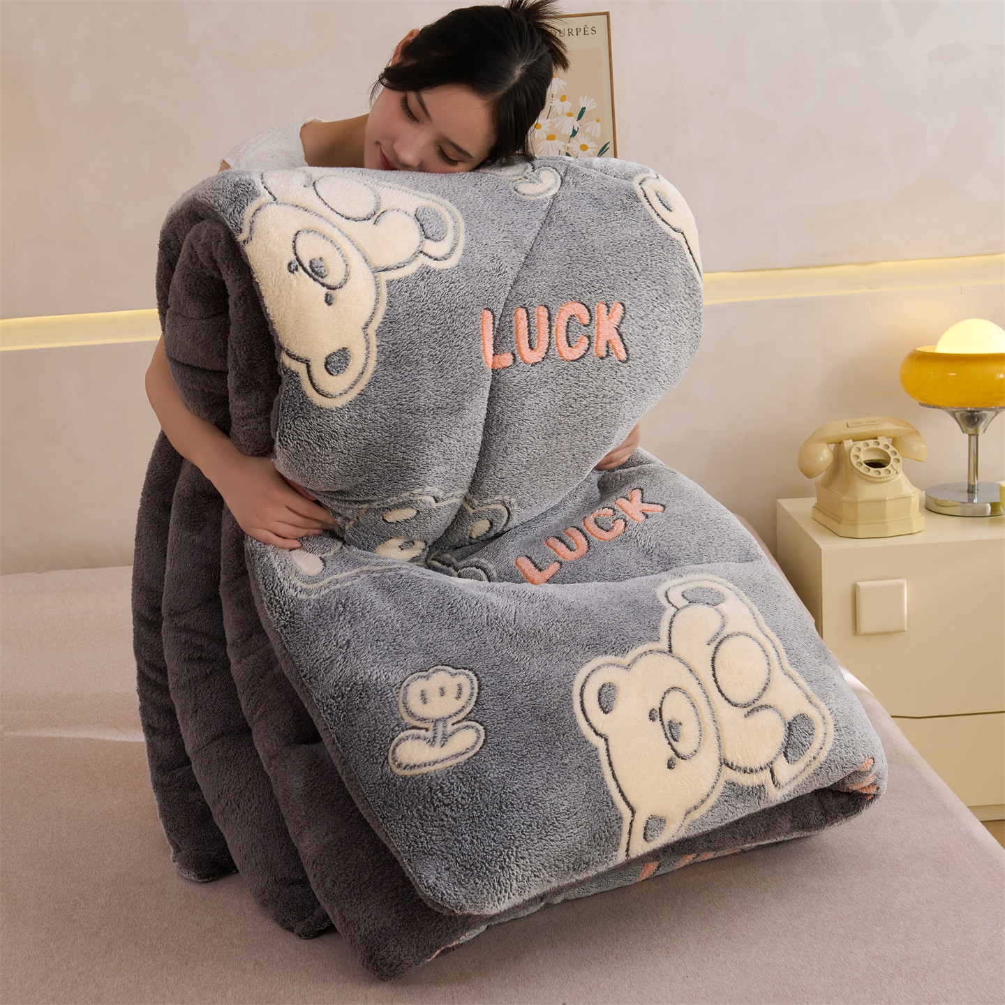 2025新款AB版雪花绒羊羔绒印花加厚保暖冬被被子被芯 萌灰熊