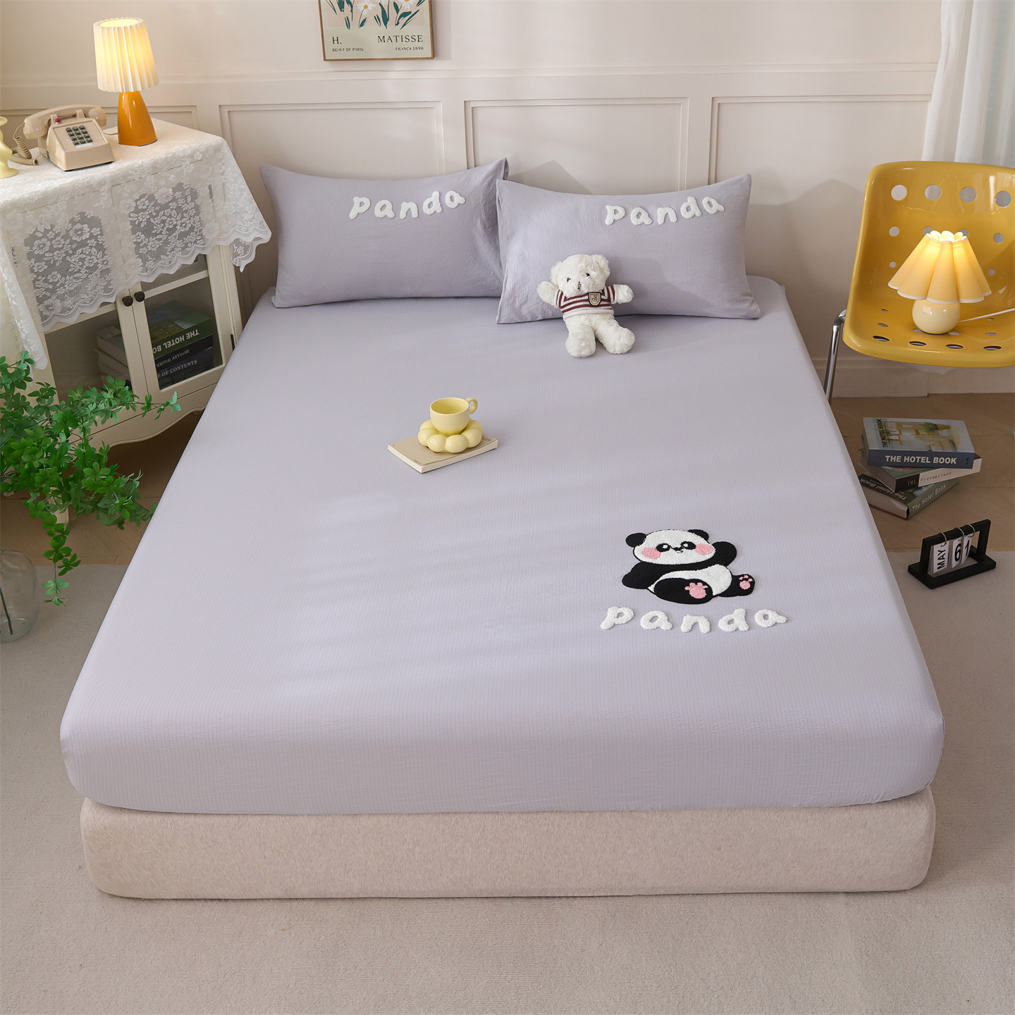 2025新款A类云感木棉双层纱毛巾绣熊猫款床笠 墩墩熊-浅灰