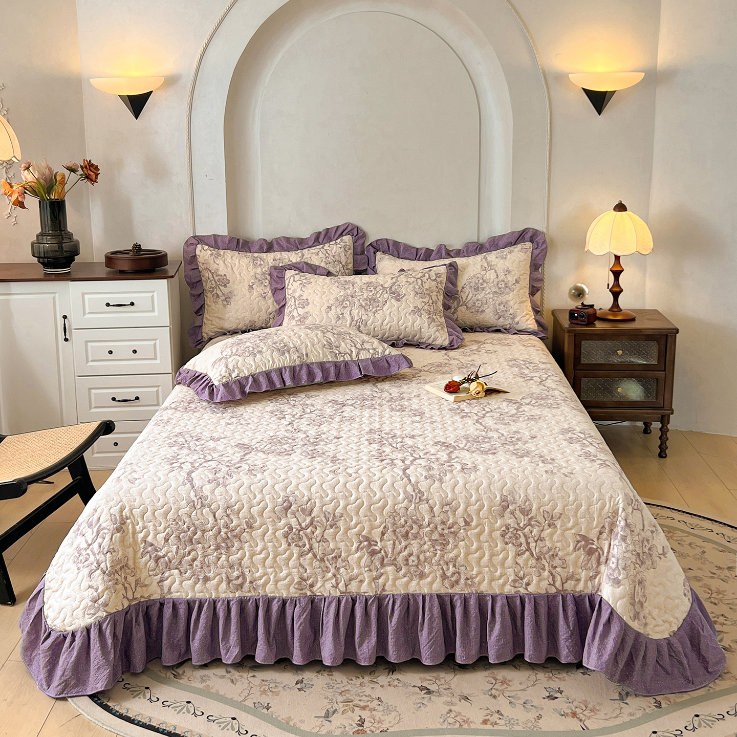 2025新款A类加厚夹棉云感水洗棉床盖 云黛紫