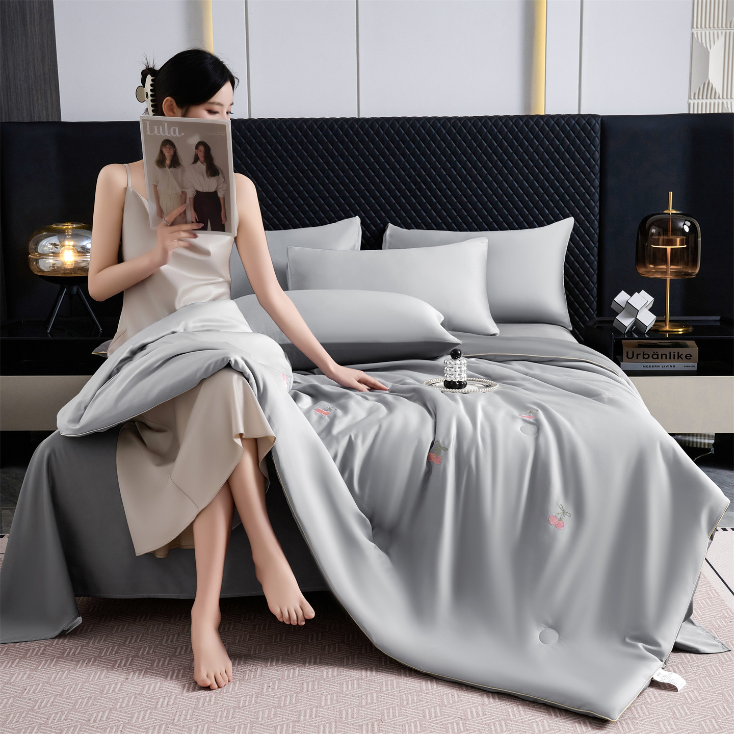 2026新款凉感水洗冰丝刺绣夏被-小樱桃系列 小樱桃-银灰+深灰