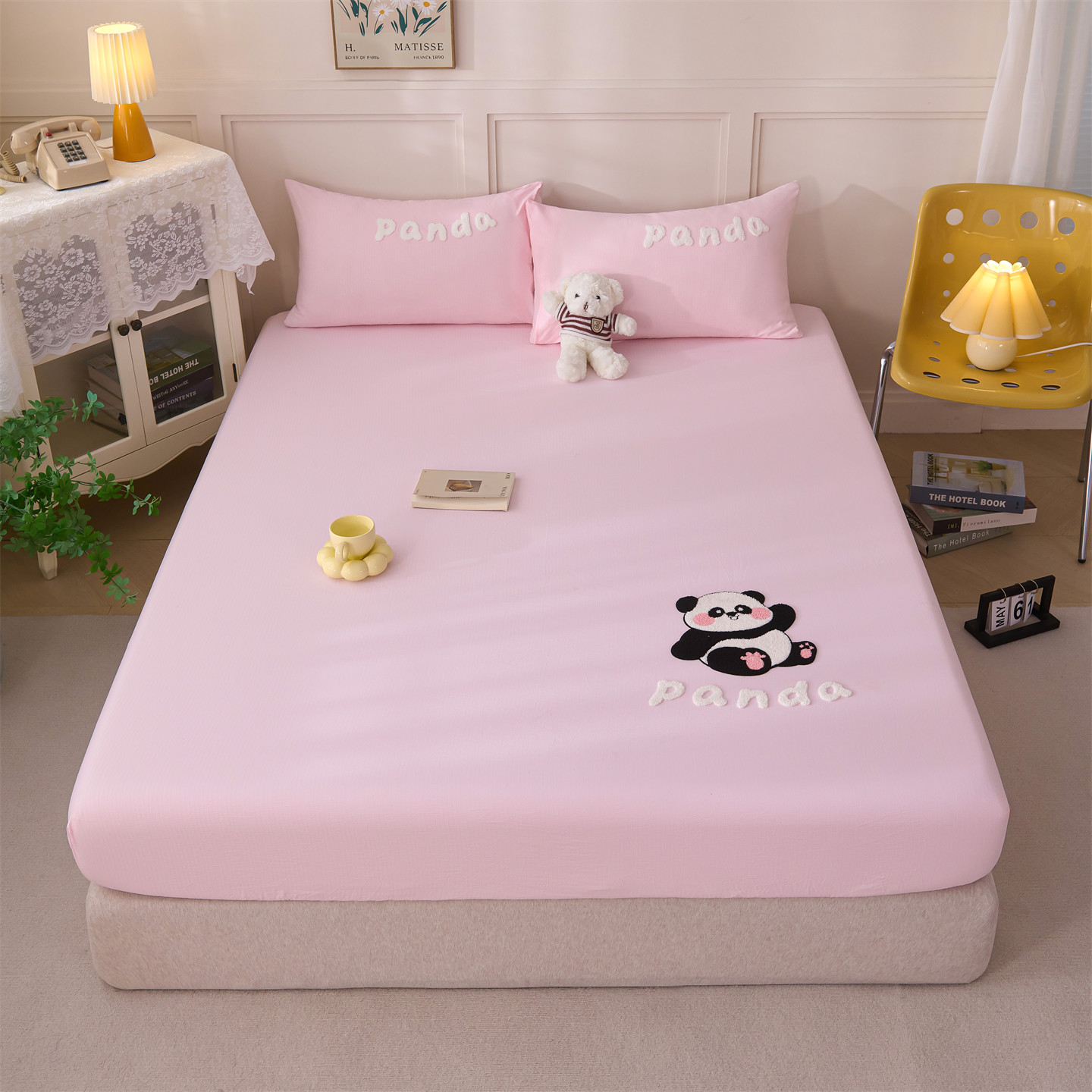 2025新款A类云感木棉双层纱毛巾绣熊猫款床笠 墩墩熊-樱花粉