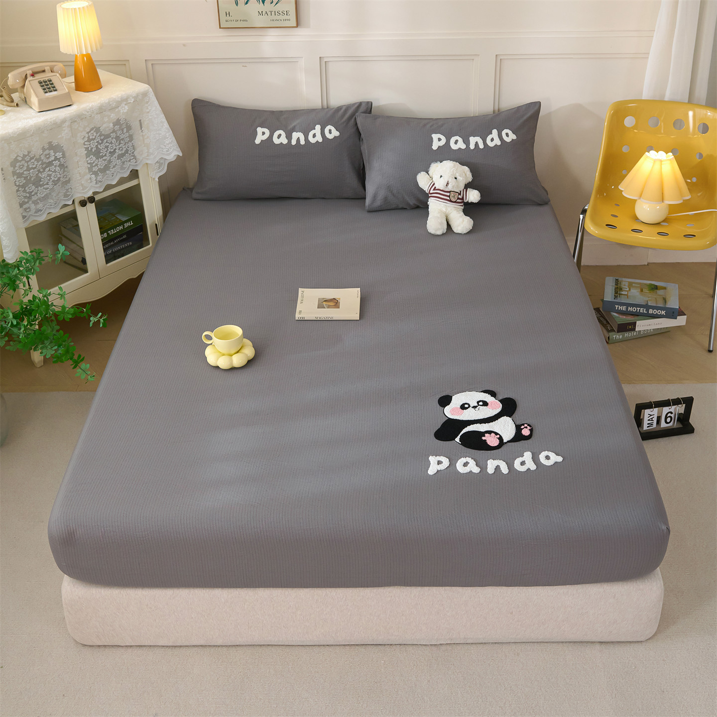 2025新款A类云感木棉双层纱毛巾绣熊猫款床笠 墩墩熊-雅致灰