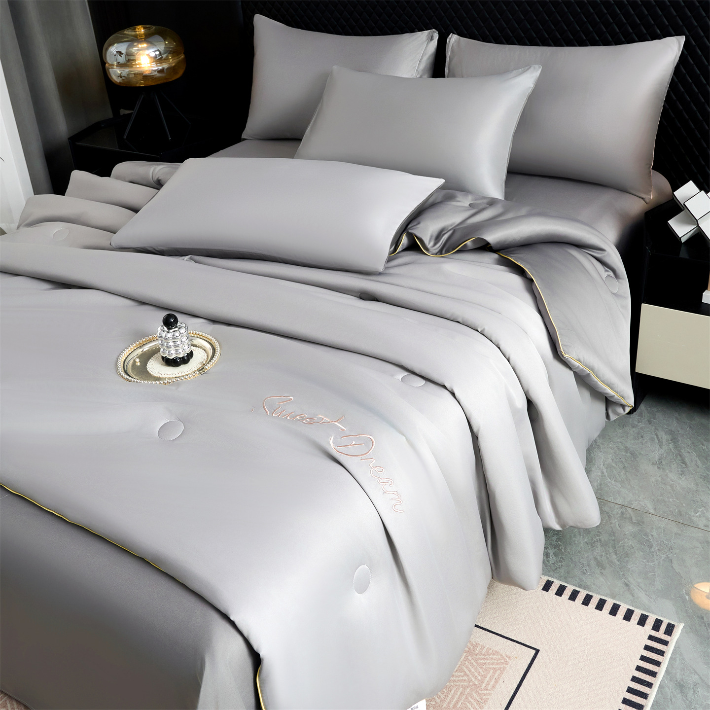 2026新款凉感水洗冰丝刺绣夏被-夕颜系列 夕颜-银灰+深灰