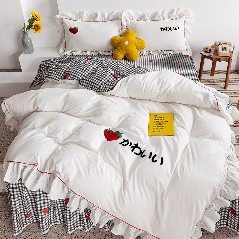 2020新款-水洗棉毛巾绣草莓四件套 床单款四件套1.5m（5英尺）床 草莓恋人