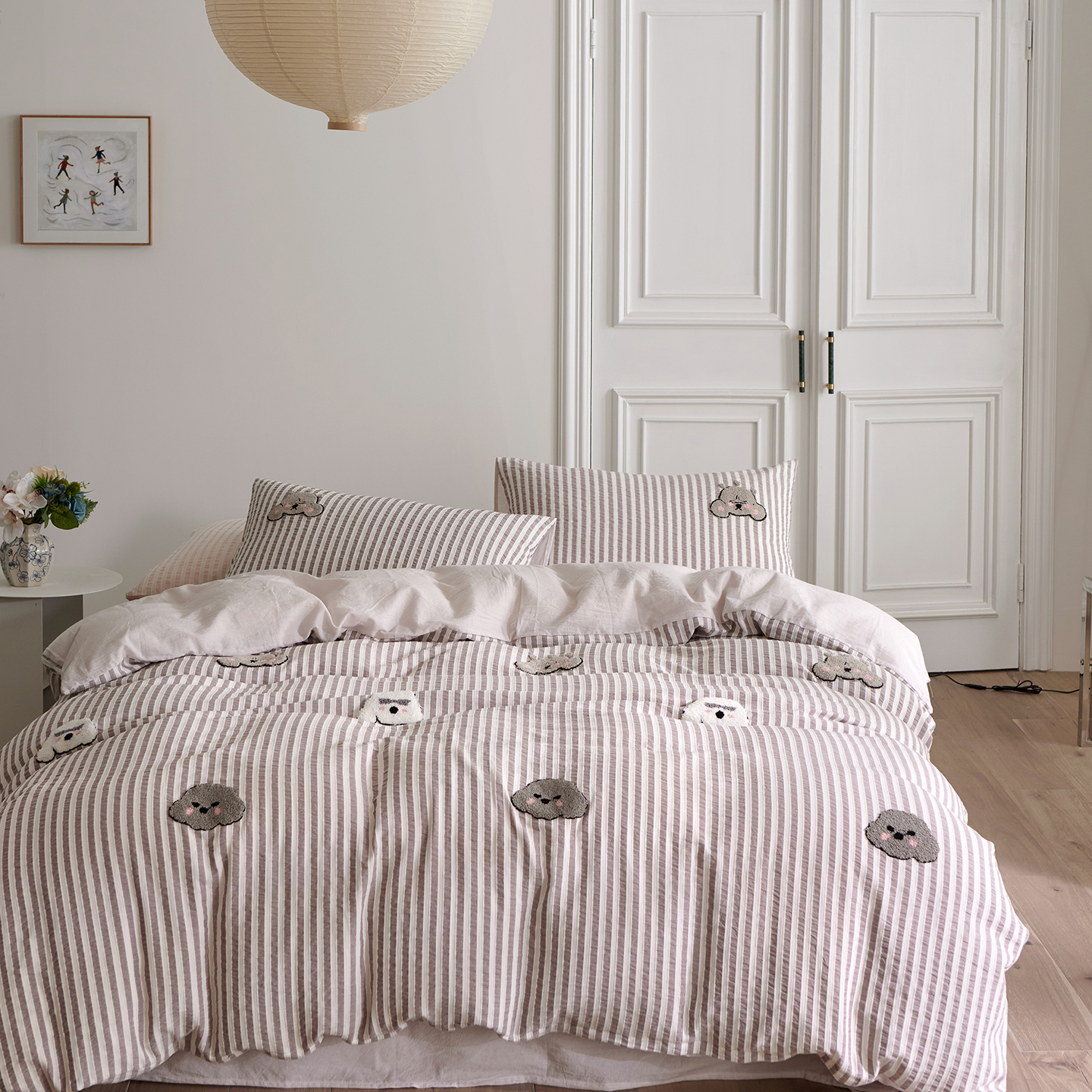 2025新款网红款A类全棉水洗棉色织提花毛巾绣四件套 邪恶摇粒绒 灰条