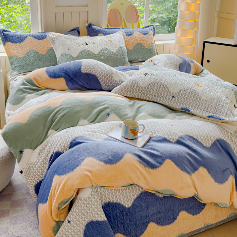 2025秋冬新款印花牛奶绒床盖四件套宽边加厚 直角款-乘风破浪