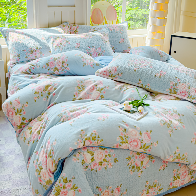2025秋冬新款印花牛奶绒床盖四件套宽边加厚 直角款-莫兰朵