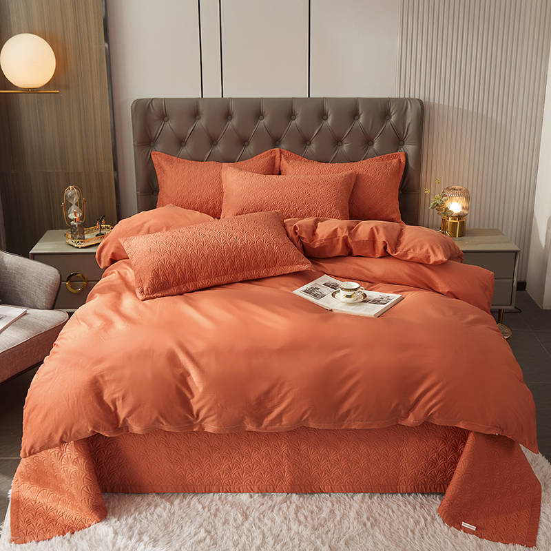 新款60支全棉床盖长绒棉绗缝夹棉床单床盖四件套 标准床盖200*230cm三件套 艾玛橙