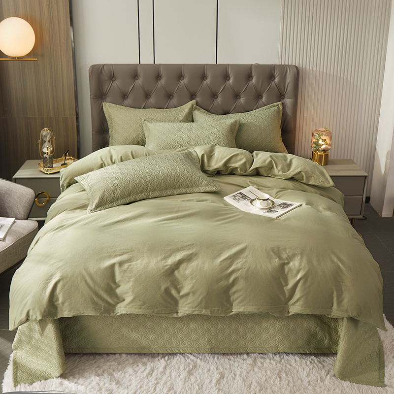 新款60支全棉床盖长绒棉绗缝夹棉床单床盖四件套 标准床盖200*230cm三件套 抹茶绿