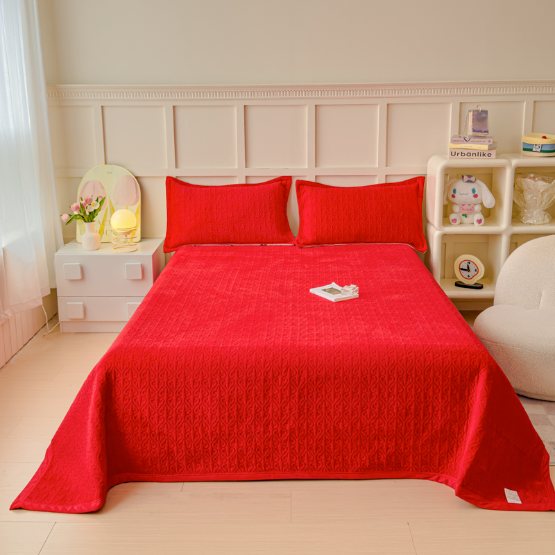 2025秋冬新款印花牛奶绒直角单床盖宽边加厚 直角款-靓丽红