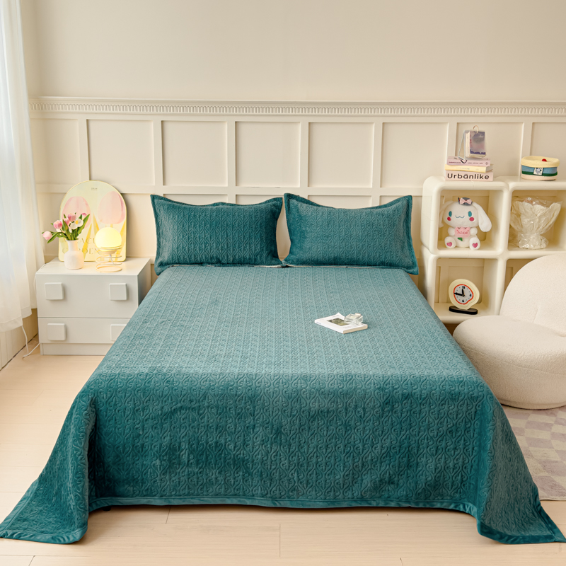 2025秋冬新款印花牛奶绒直角单床盖宽边加厚 直角款-孔雀绿