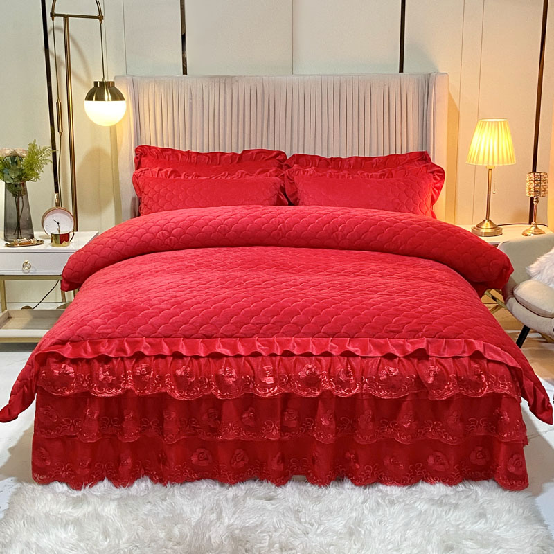 2022新款网红款水晶绒绗缝床裙绗缝被套款四件套牛奶绒法莱绒加厚保暖被罩床罩 1.8*2.0m床裙款四件套 胭脂红