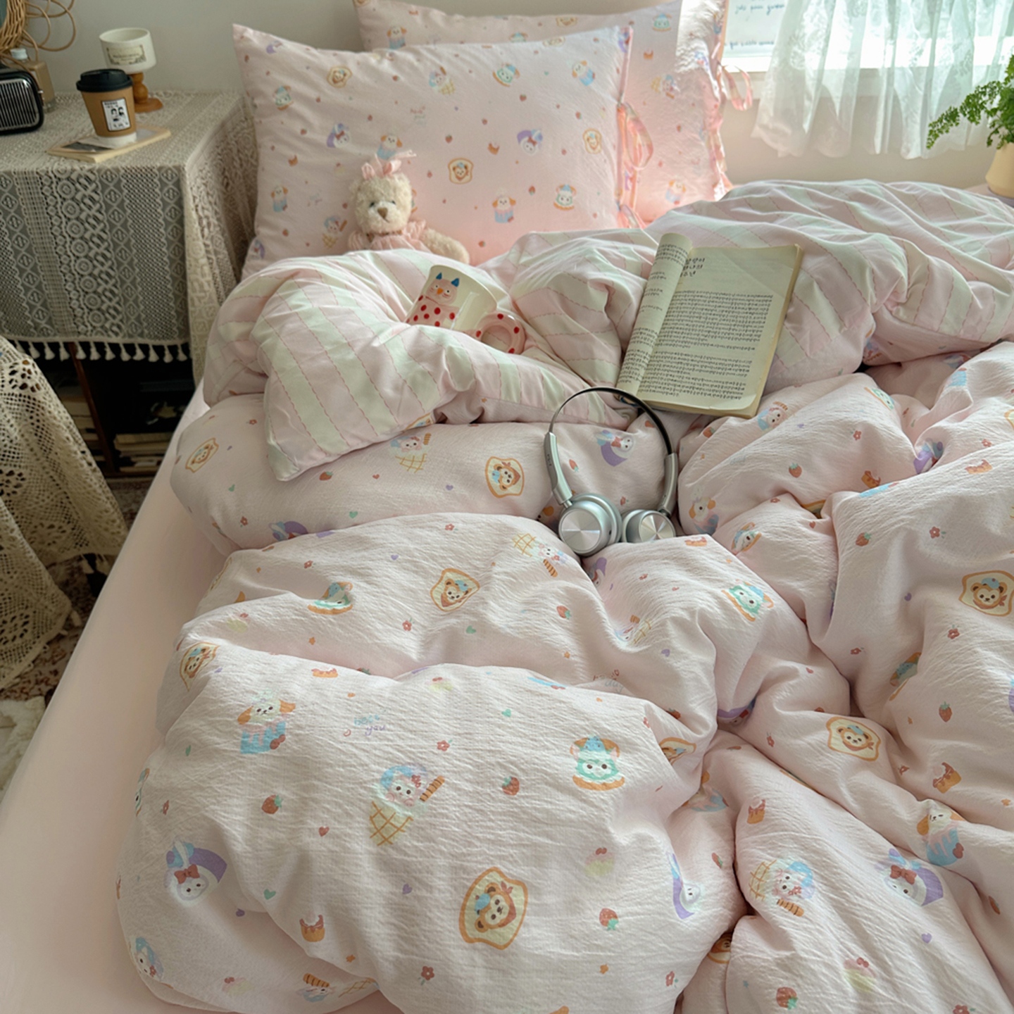 2025新款四季款水洗棉皱皱纱可爱卡通绑带款四件套