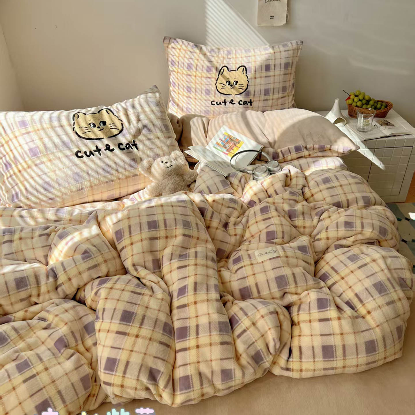 2025新款牛奶绒慵懒格子可爱毛巾绣四件套系列 慵懒紫薯