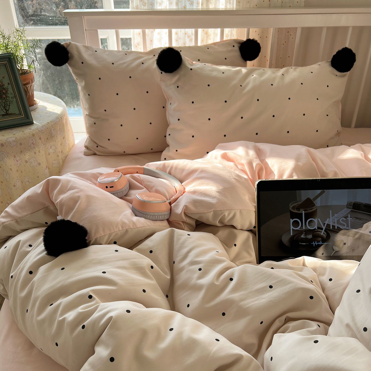 2026新款水洗棉波点可拆卸毛球四件套 米波点-枕套波点