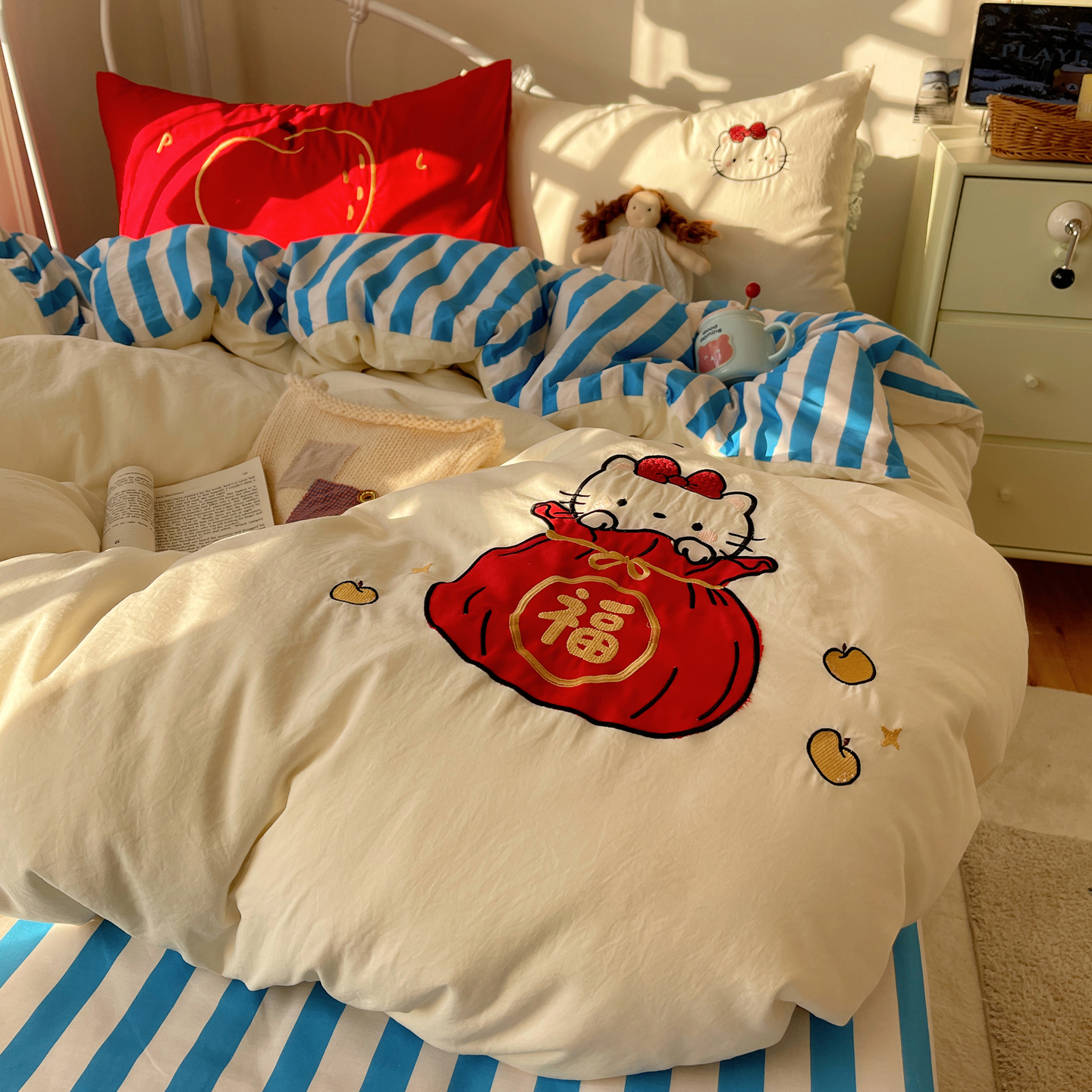 2026新款新年款水洗棉贴布绣四件套 福袋猫米