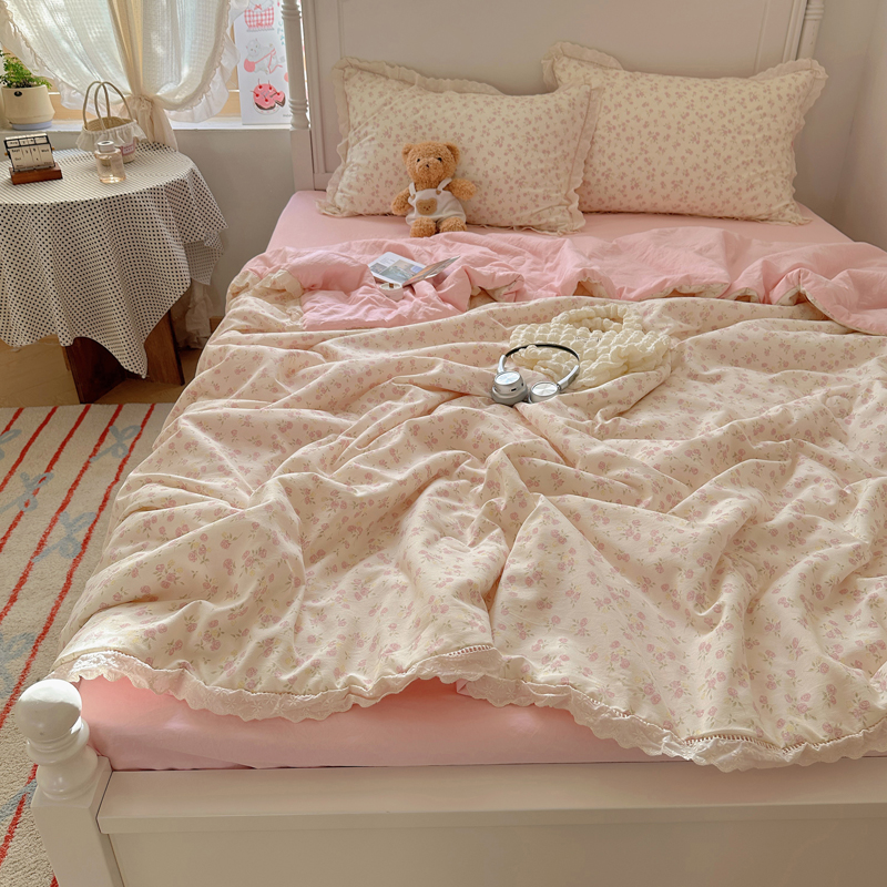 2025新款镂空花边皱皱纱水洗棉夏被四件套