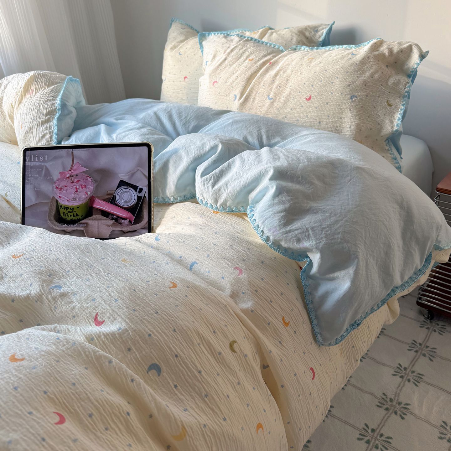 2026新款三角针双层纱皱皱纱韩系清新风四件套 三角针-星月天空