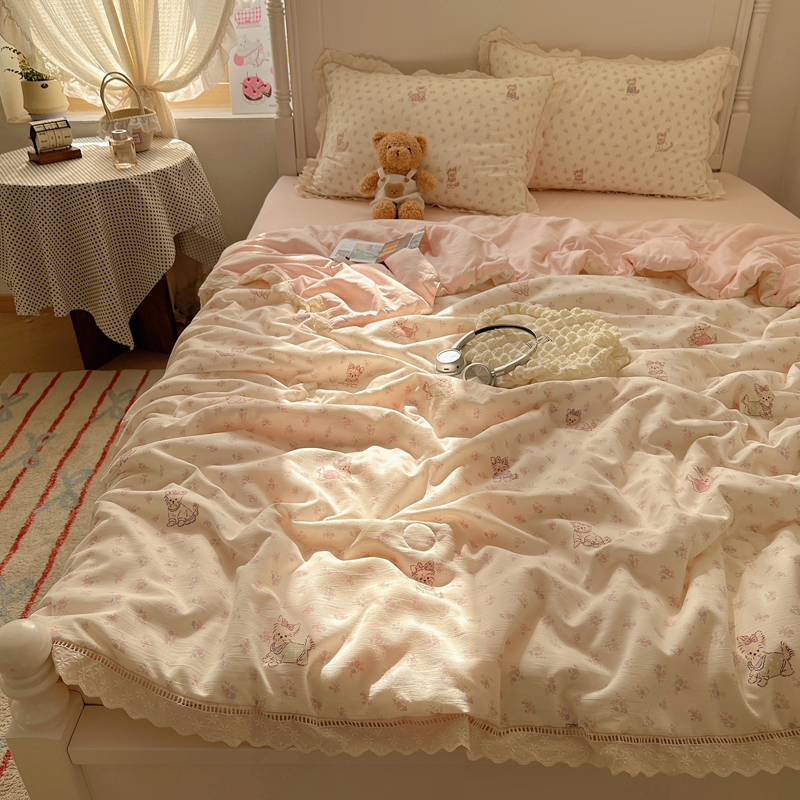 2025新款镂空花边皱皱纱水洗棉夏被四件套