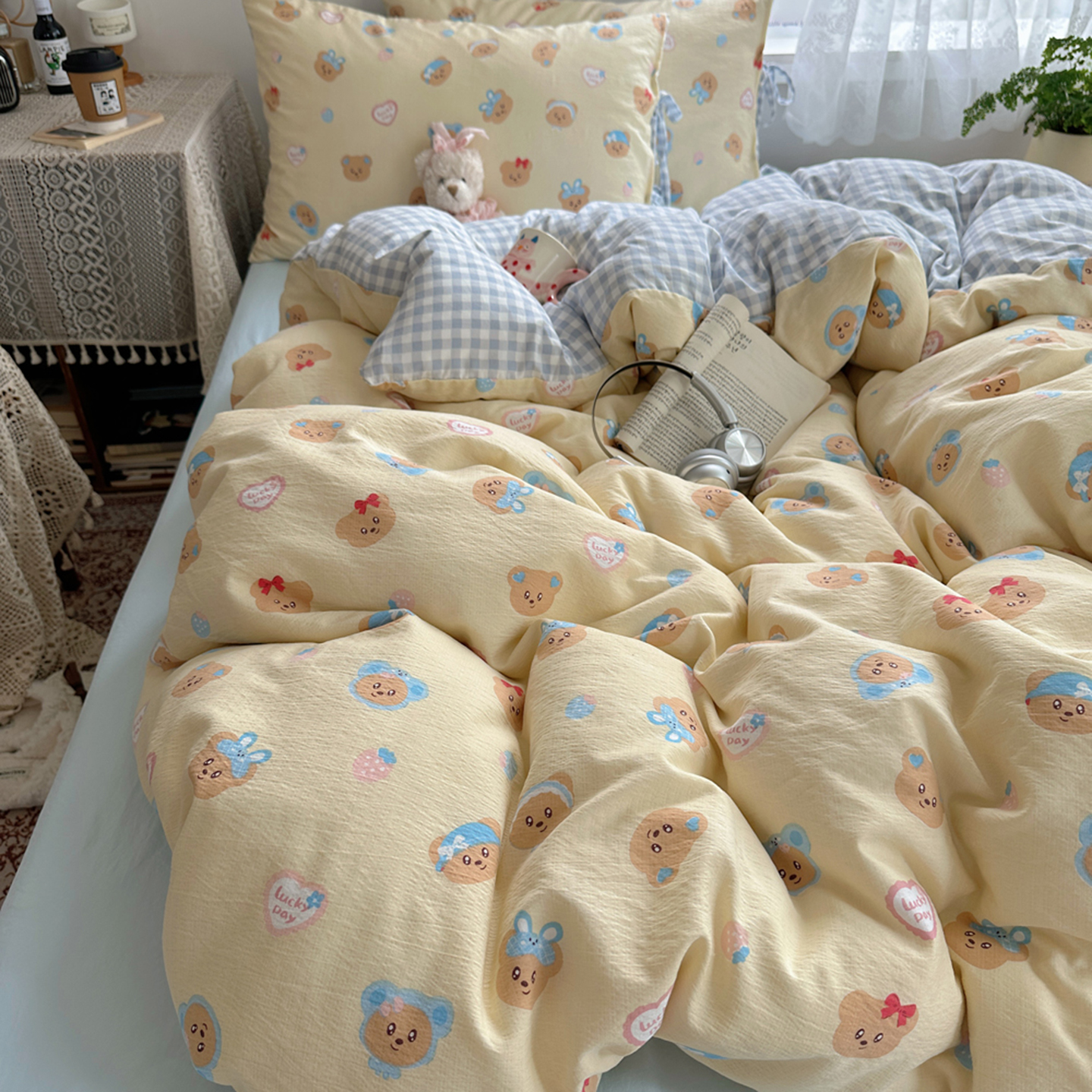 2025新款四季款水洗棉皱皱纱可爱卡通绑带款四件套