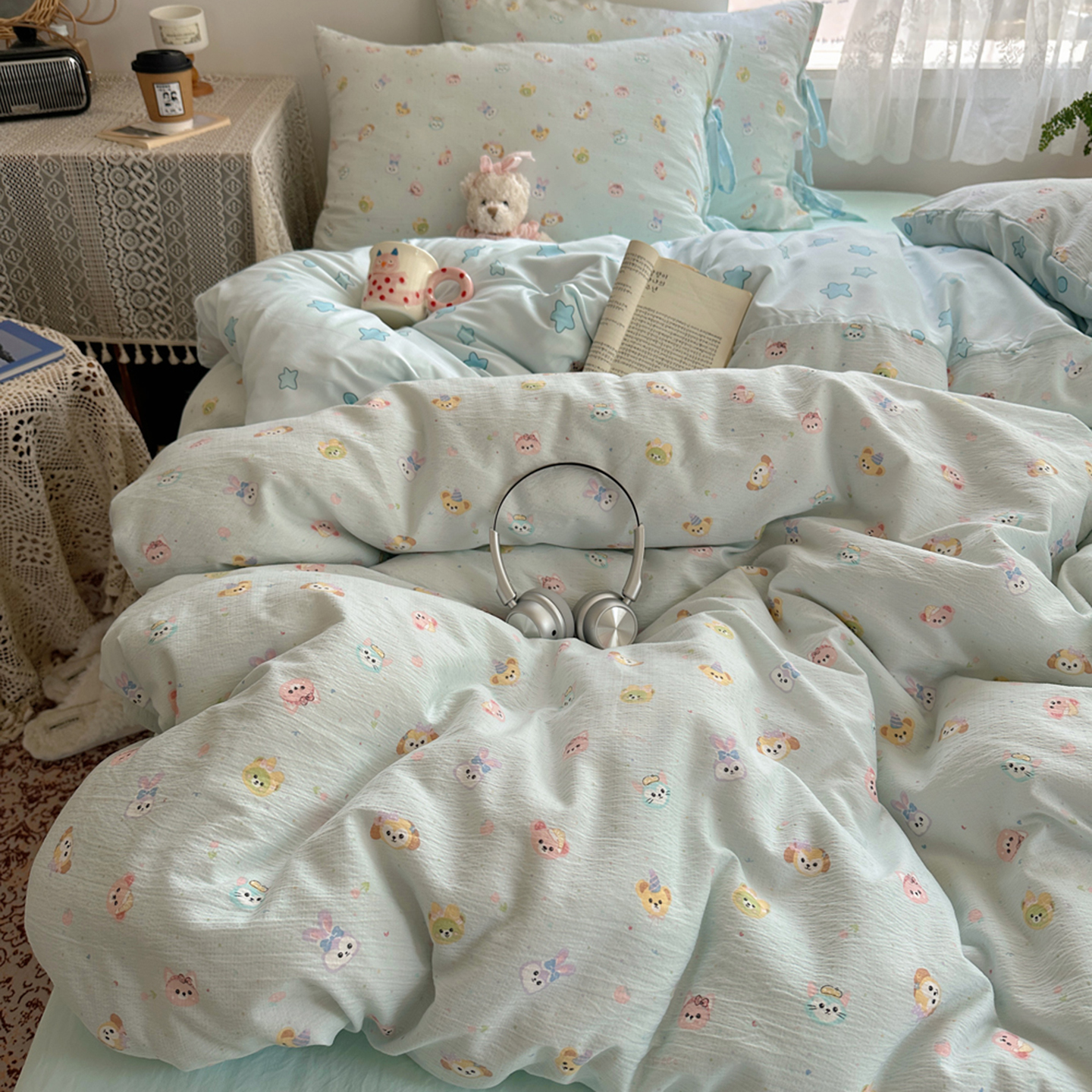 2025新款四季款水洗棉皱皱纱可爱卡通绑带款四件套