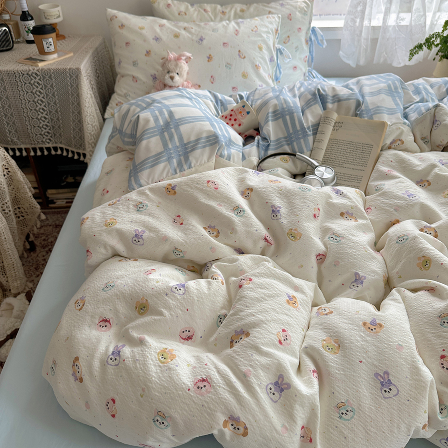 2025新款四季款水洗棉皱皱纱可爱卡通绑带款四件套