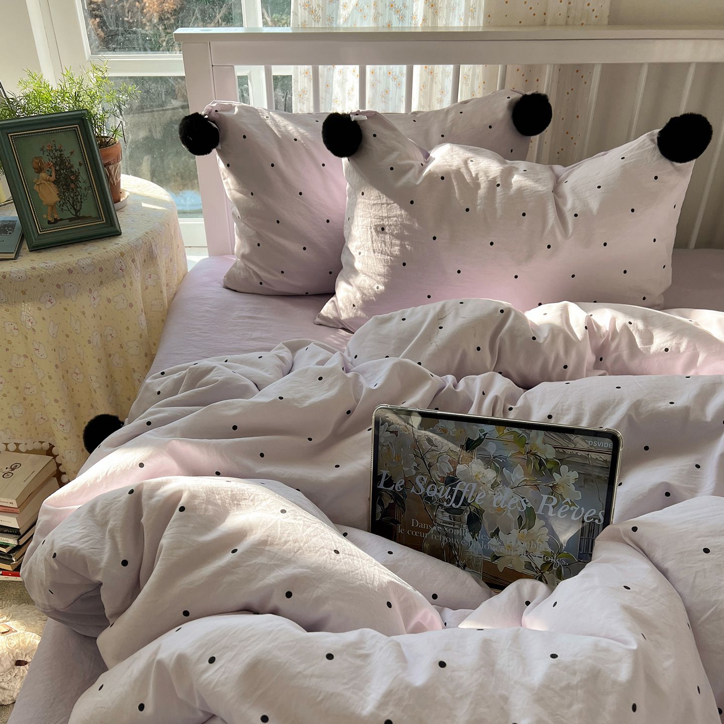 2026新款水洗棉波点可拆卸毛球四件套 紫波点-枕套波点